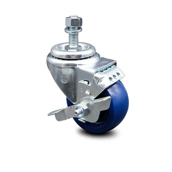 3 Inch Solid Polyurethane Wheel Swivel 1/2 Inch Threaded Stem Caster with Brake
